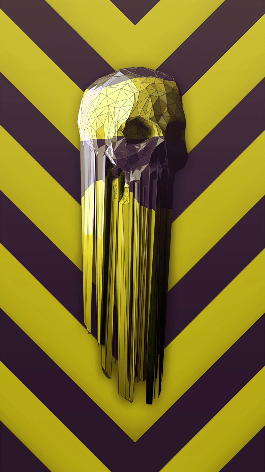 Low-poly skull melting with liquid drips against a background of diagonal yellow and dark purple stripes.