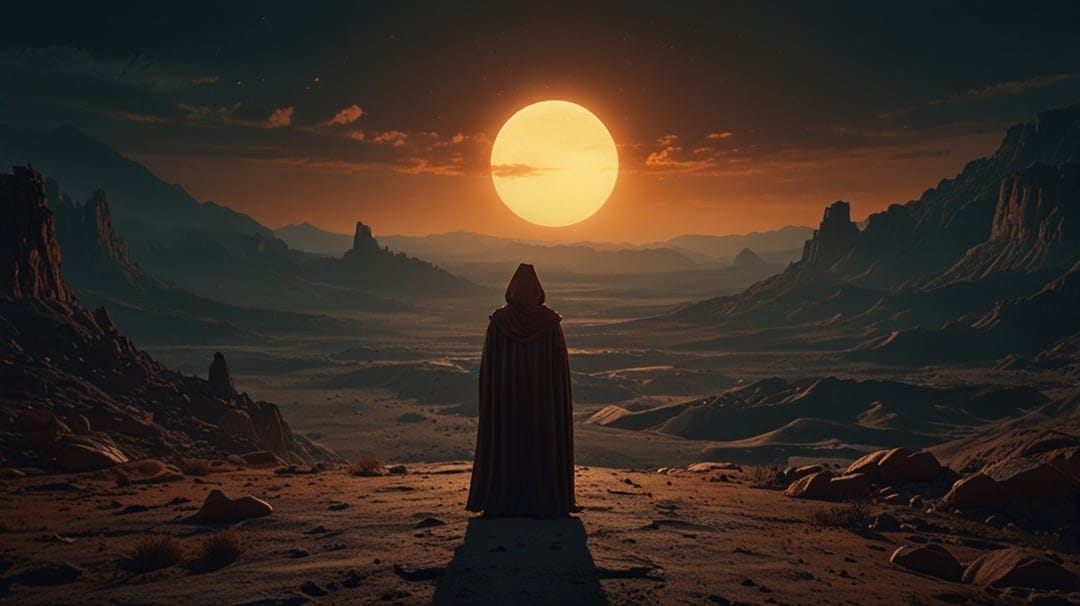 Cloaked person stands on a rocky ledge facing a vibrant orange desert sunset with distant mountain silhouettes.