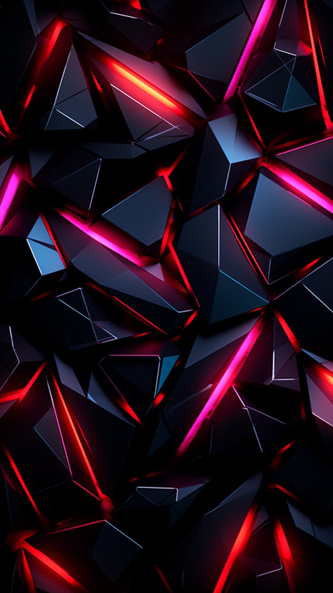 Angular dark shards glow with intense red light from deep crevices in a high-contrast geometric composition.