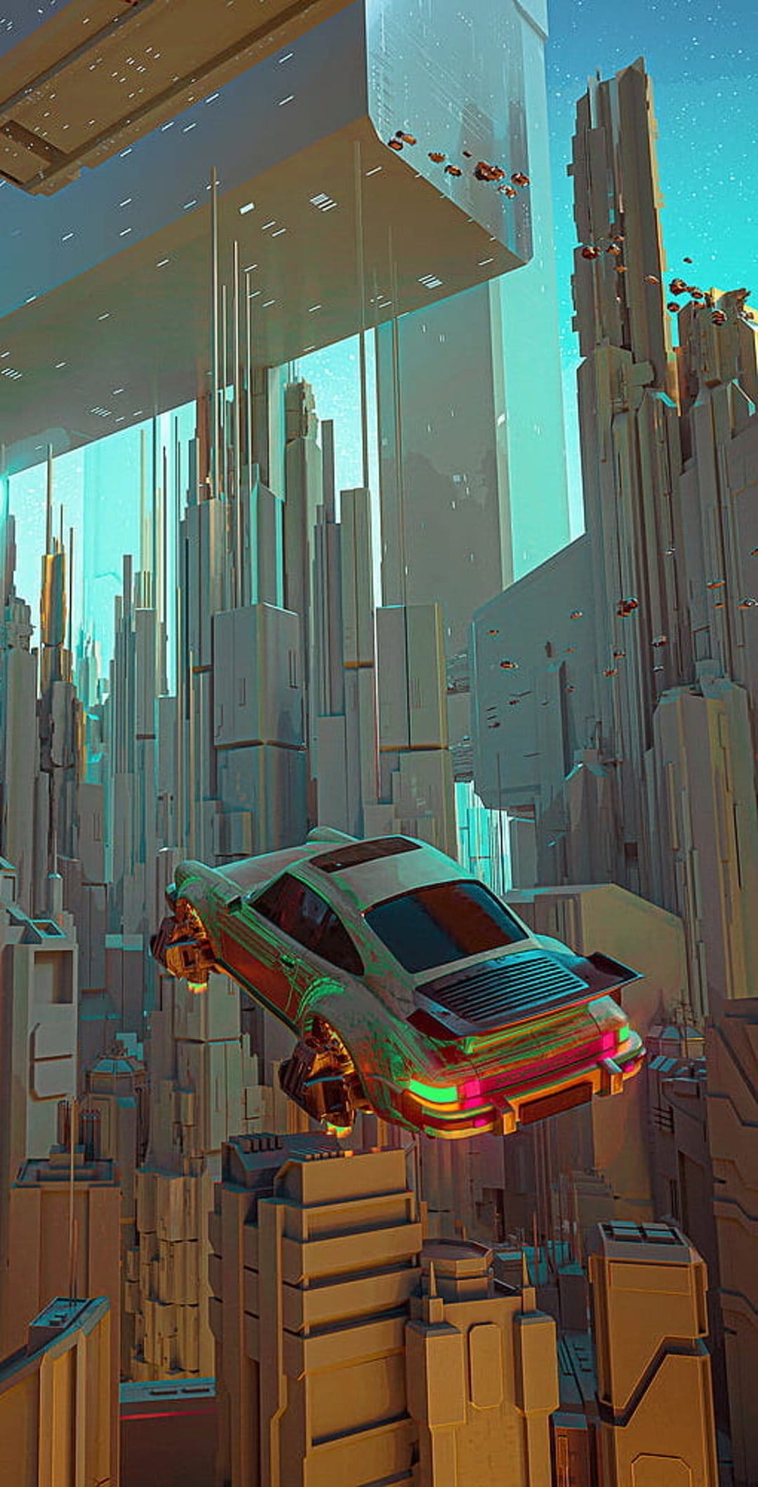 Retro flying car with neon accents hovers among sharp geometric skyscrapers in a cyan futuristic city.