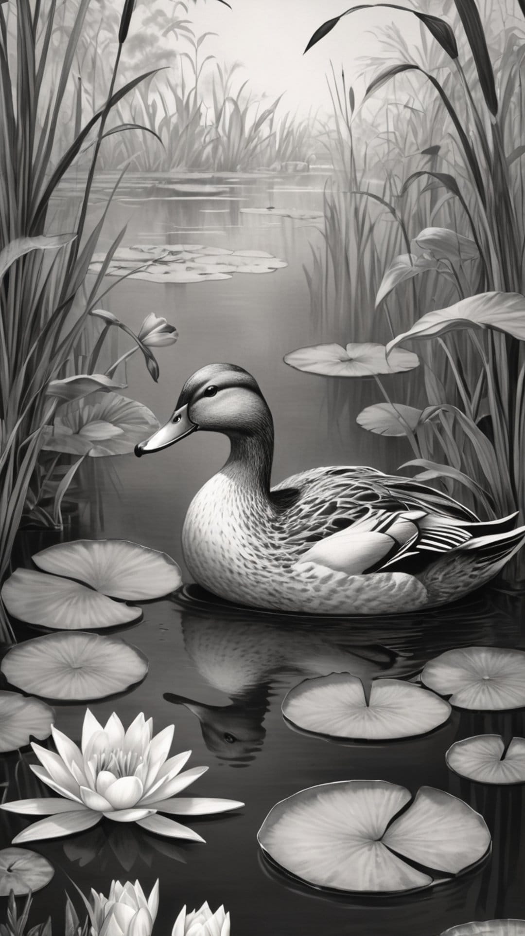 Mallard duck floats near water lilies and reeds in a grayscale scene with soft reflections on a pond surface.
