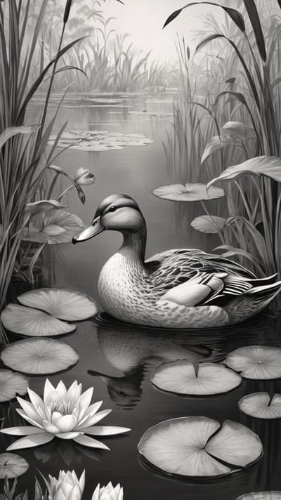 Duck,Flower,Tattoo,Tattoo Wallpaper,Wallpaper,AI Art,Ai Wallpaper,Desktop Wallpaper,Artwork,Black,White,Black and White,Aesthetic,Pond