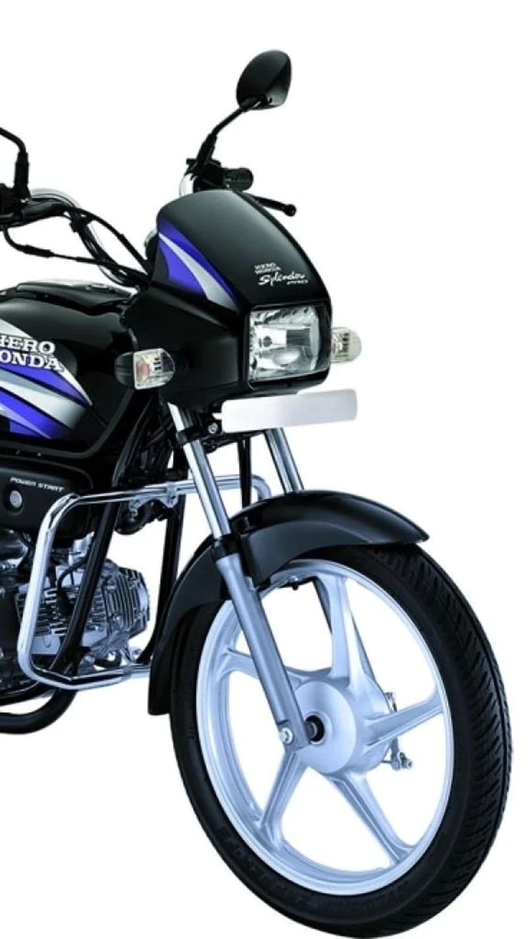 Hero Splendor Plus motorcycle front view with a blue fender, black alloy wheel, and round chrome headlight.