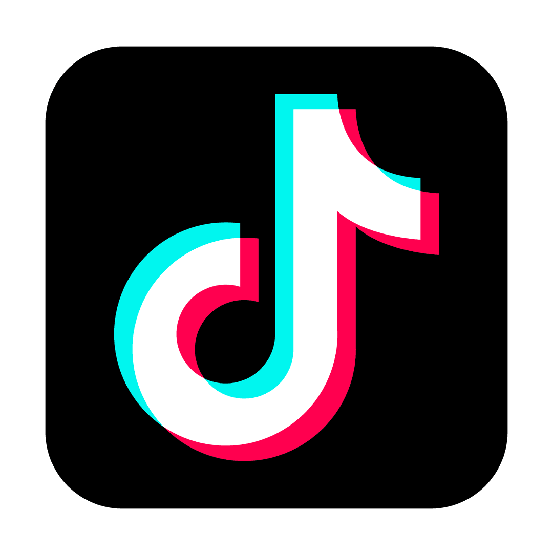 TikTok logo musical note featuring cyan and magenta layered glitch effects over a transparent backdrop.