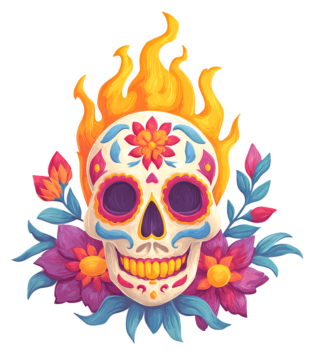 Burning human skull with realistic orange flames and detailed bone textures set against a clear background.