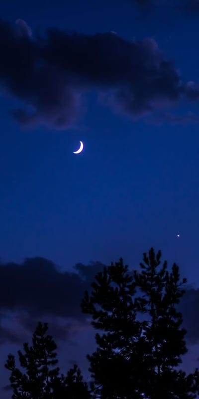 Moon, Night, Sky, Crescent, Nature, Stars, Clouds, Blue, Twilight, Serene, Pines, Dark, Peaceful, Silhouette, Celestial, Tranquility, Outdoors, Cosmic, Mystic, Evening