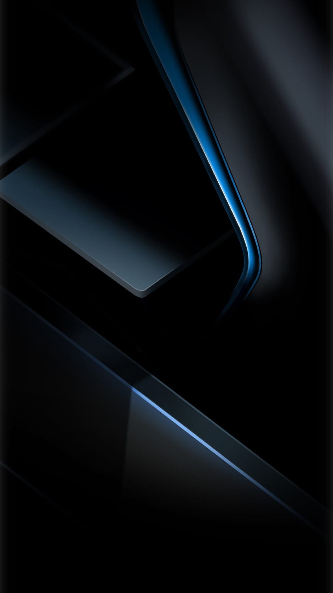 Angular dark metallic plates with glowing blue edges create a geometric pattern with shadows and depth.