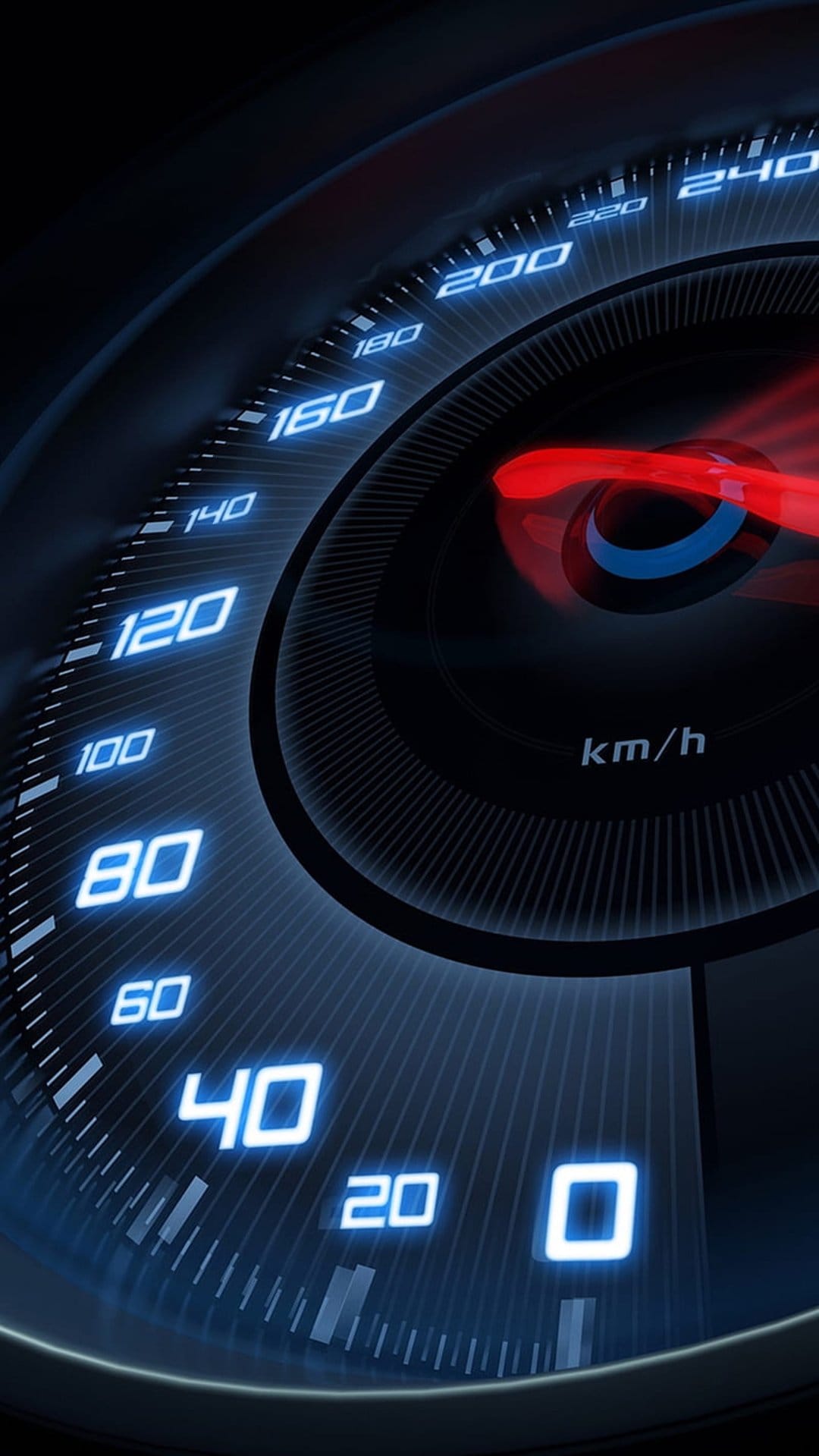 Red illuminated speedometer needle sweeps across a blue backlit digital dashboard gauge at high velocity.