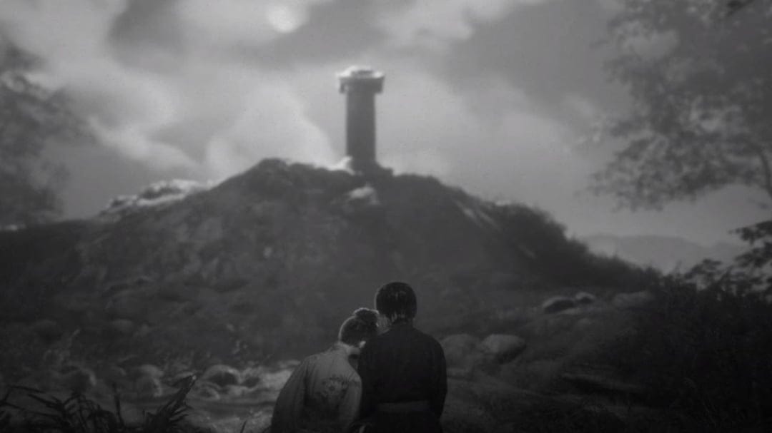 Two people in traditional robes look toward a tall pillar on a hill under a cloudy, textured grayscale sky.