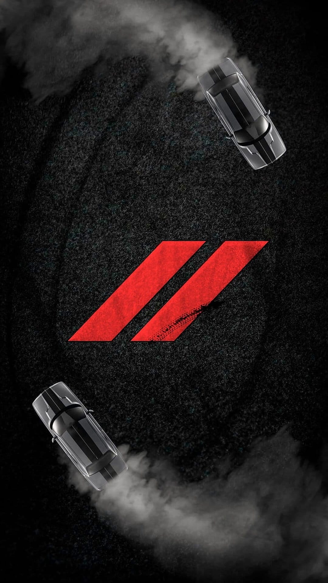 Red Dodge emblem floating over two black muscle cars drifting with white tire smoke on dark textured asphalt.