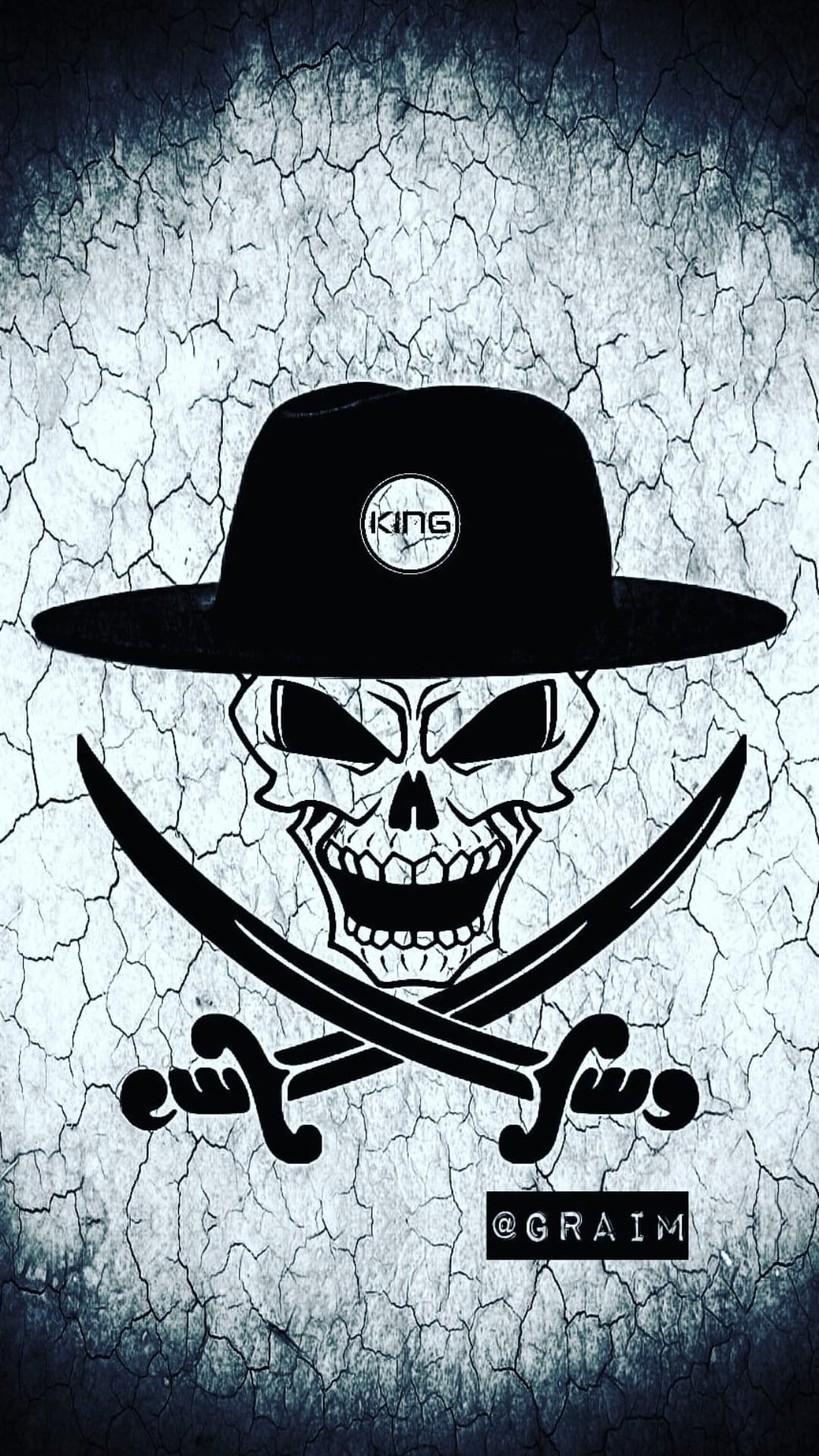Pirate skull wearing a king hat above crossed swords set against a dark, heavily cracked and textured background.