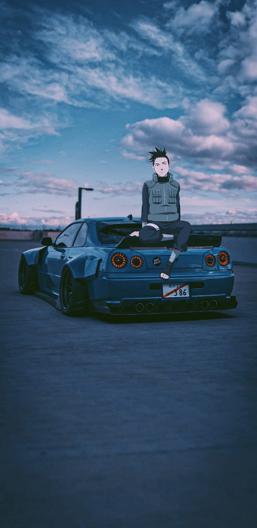 Ninja character sits on a blue sports car's rear spoiler against a cloudy sky in this portrait wallpaper.