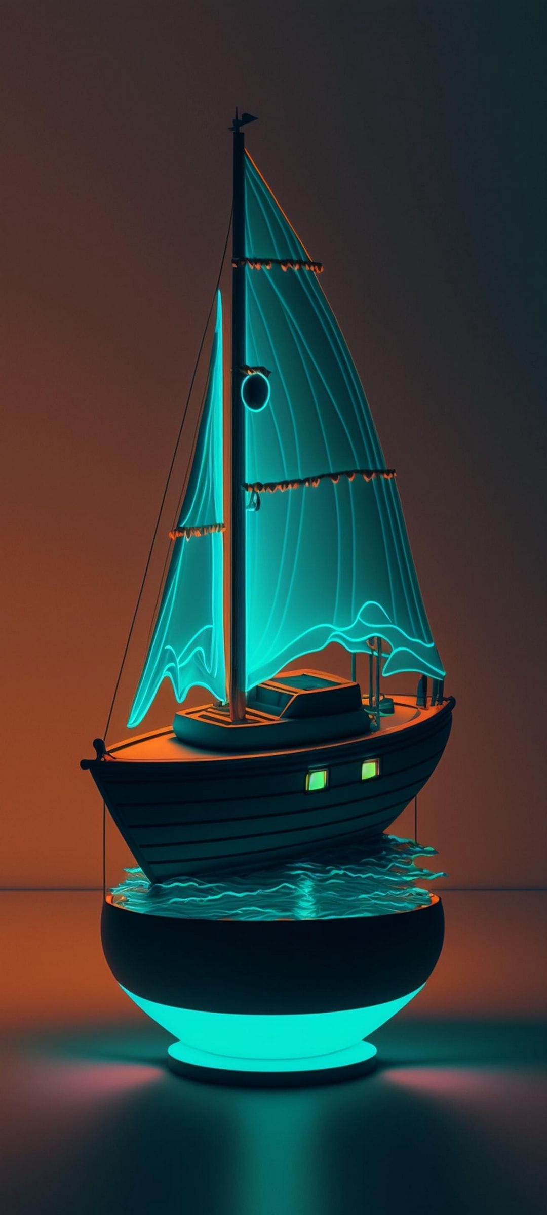 Turquoise sails glow on a stylized boat within a pool of radiant aqua light against a warm orange background.