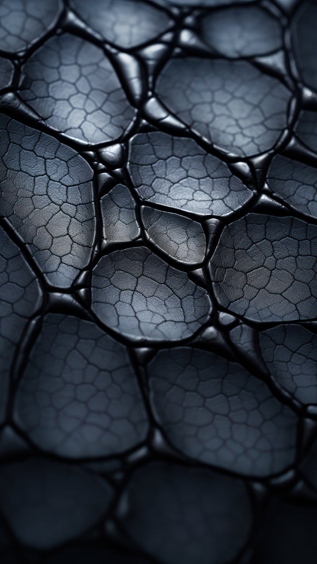 Dark hexagonal tiles featuring fine surface cracks and raised edges under dramatic macro lighting conditions.
