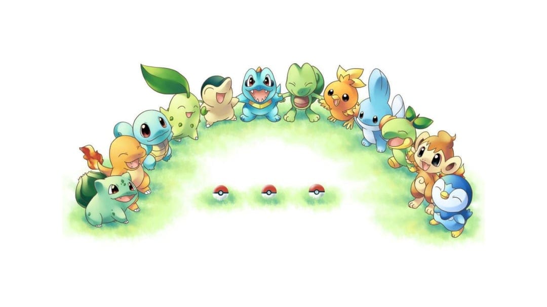 Starter Pokemon from four generations hold hands in a semi-circle on green grass with three Poke Balls in center.