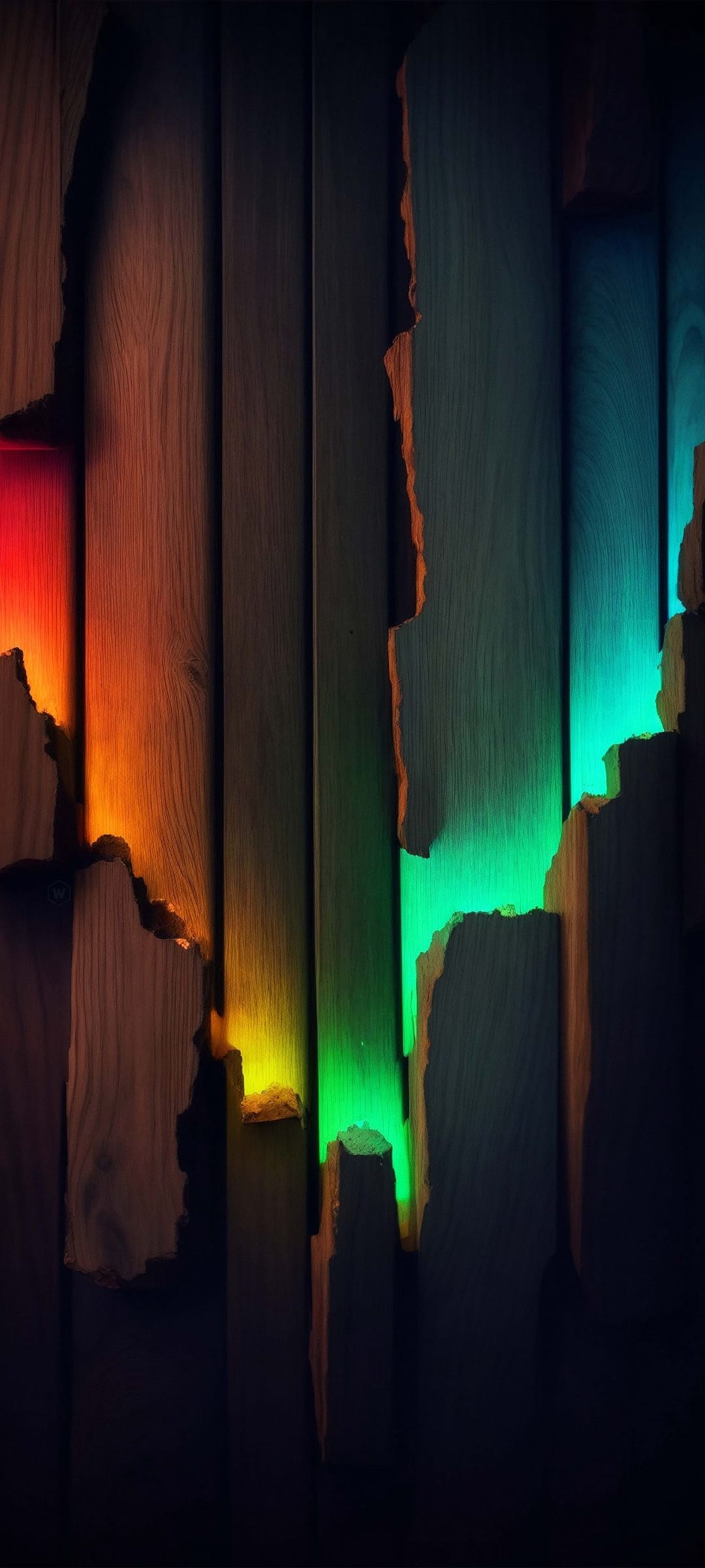 Vertical wood planks with jagged edges are backlit by vibrant red, green, and orange neon light strips.