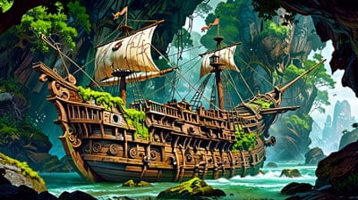 Ship,Pirate,Cave,Mountains,Lush,Green,Abandoned,Anime,Ai,Cool,Wallpaper,Ai Art,Artwork,Desktop Wallpaper,Anime Wallpaper,Rocks