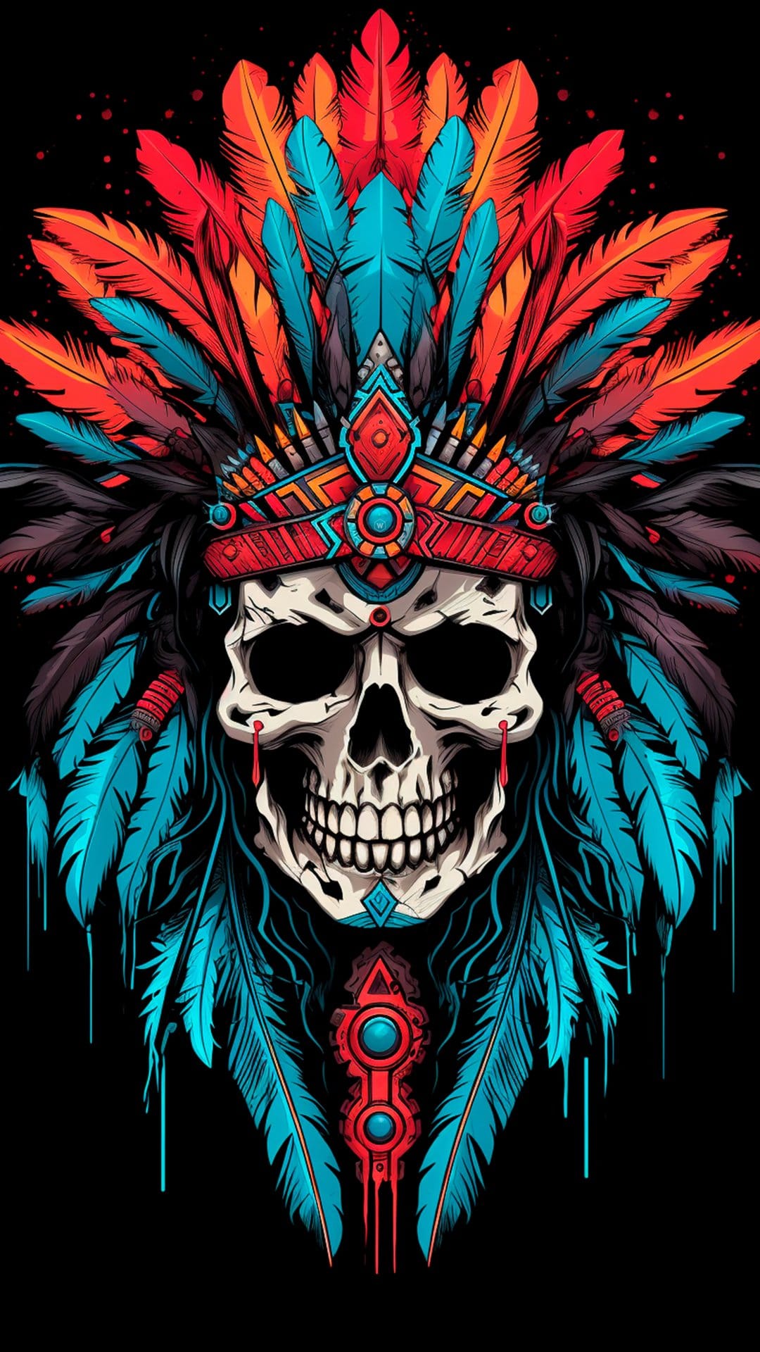 Human skull wearing a colorful feather headdress with turquoise and red paint drips against a black background.