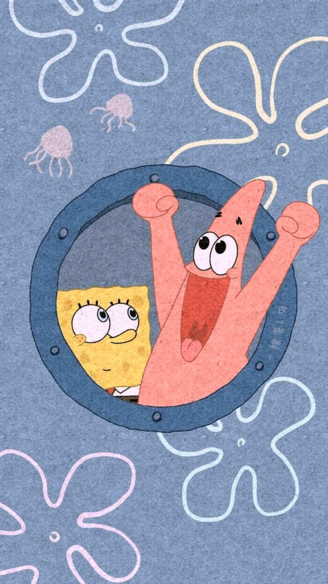 SpongeBob SquarePants and Patrick Star peer through a porthole window surrounded by jellyfish and sponges.
