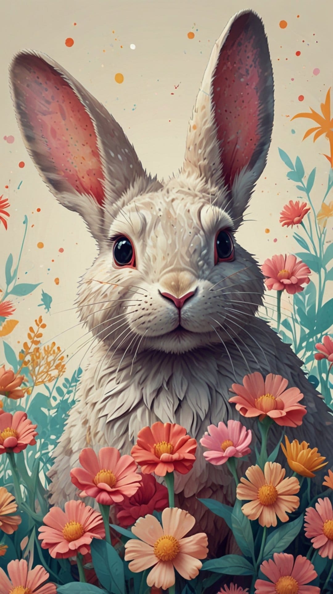 White rabbit with large brown eyes sits among colorful spring wildflowers and soft pastel petals in close-up.
