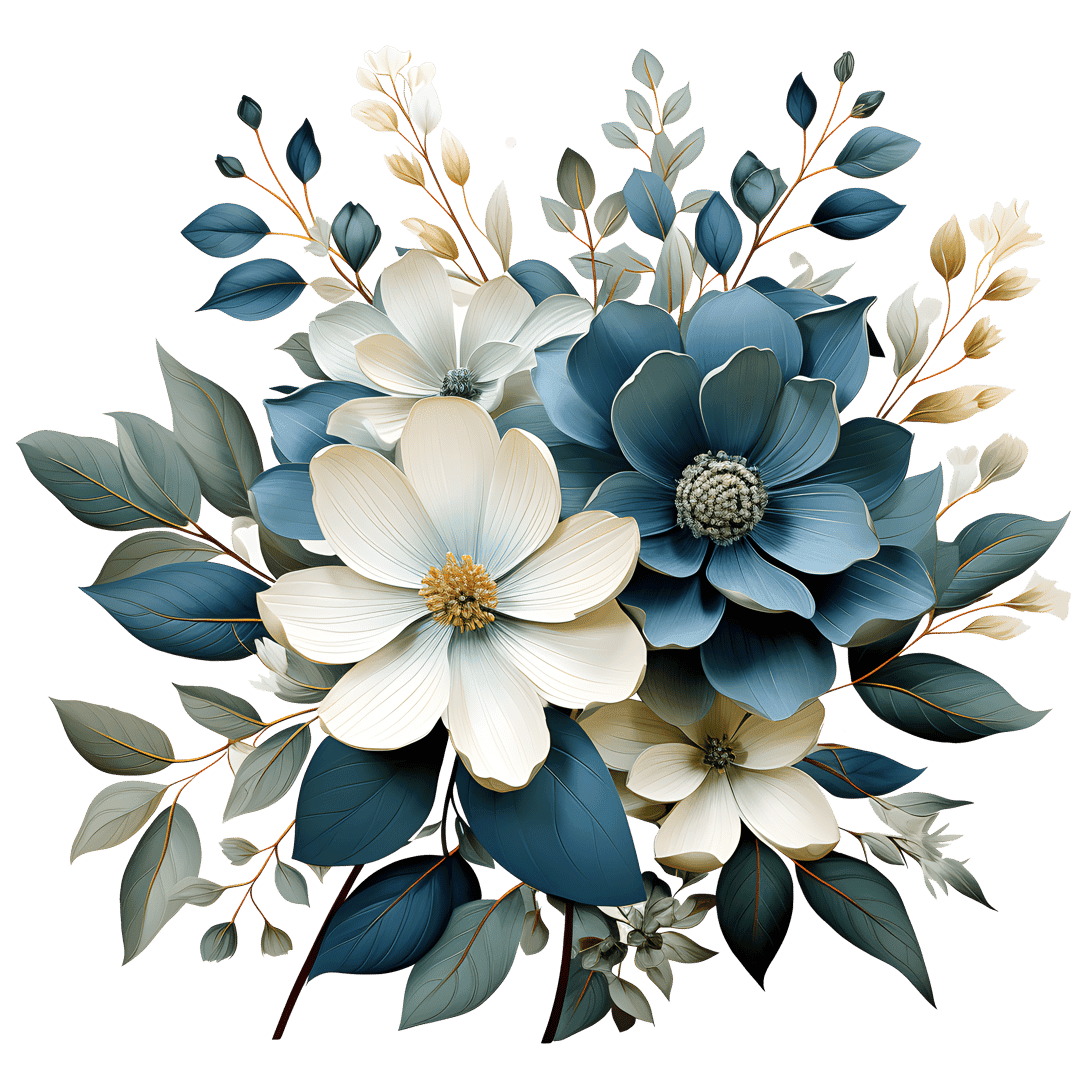 Blue and white flower bouquet featuring navy petals, cream-colored roses, and dark green leaves in a cluster.