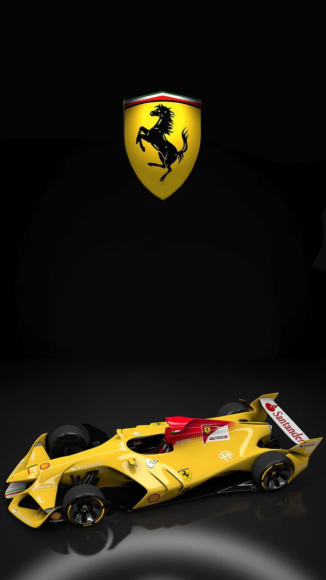 Yellow Ferrari Formula 1 car with a red cockpit and Santander logos positioned under a black prancing horse logo.