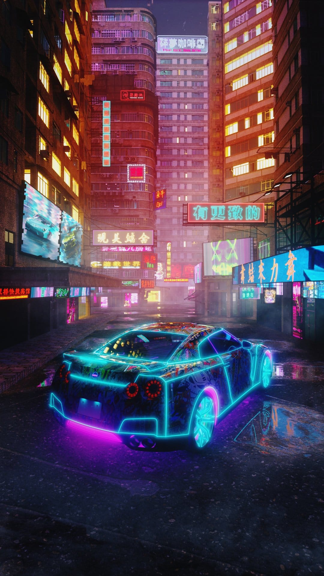 Futuristic sports car parked on a wet street surrounded by glowing pink and blue neon city skyscrapers.