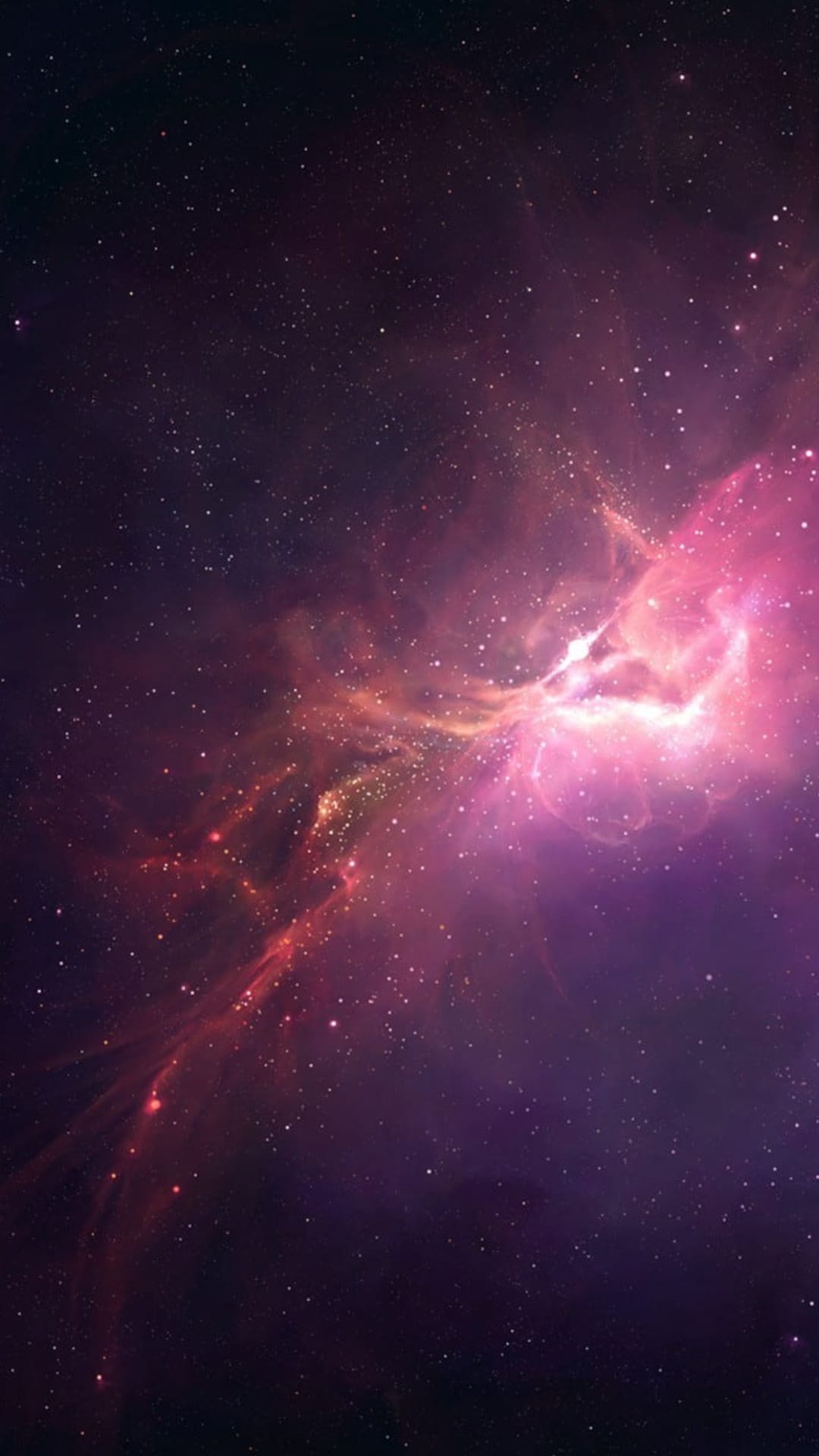 Swirling pink and purple nebula clouds filled with bright, scattered stars across a dark, vast cosmic background.