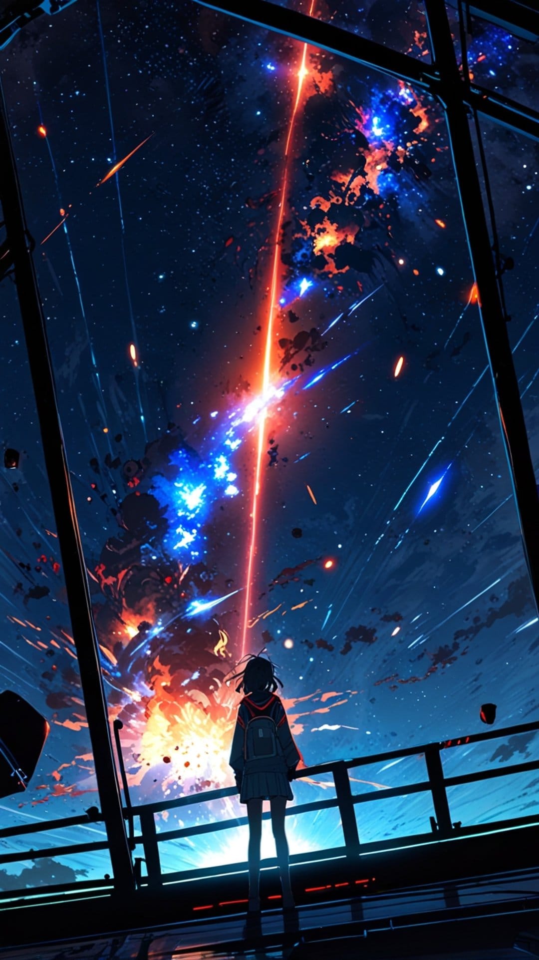 Silhouette of a girl gazing through a window at a blue and orange cosmic explosion in a star-filled night sky.