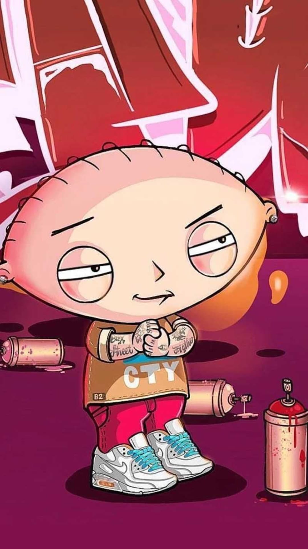 Stewie Griffin with arm tattoos and streetwear stands before spray cans and red abstract graffiti lettering.