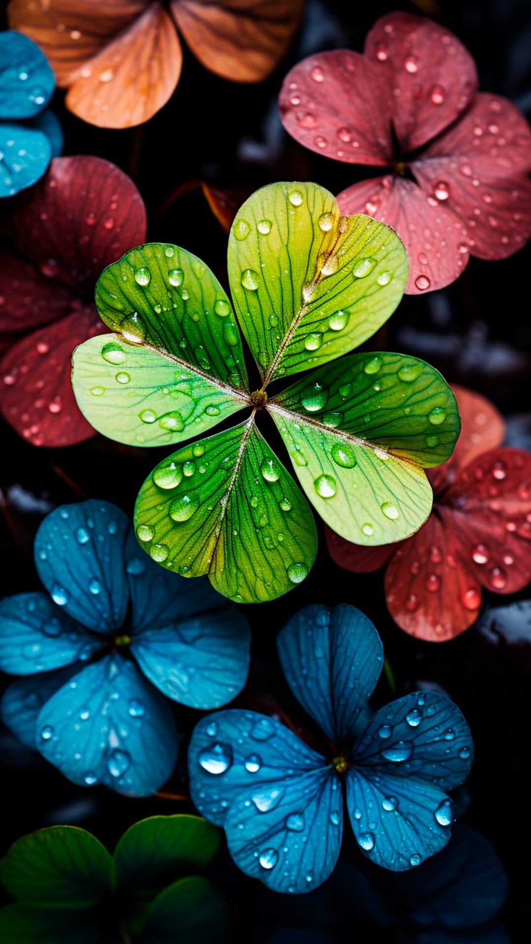 Green, red, and blue clover leaves covered in clear water droplets against a dark, out-of-focus background.