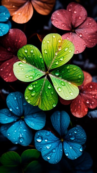 clover,leaves,drops,macro,colorful