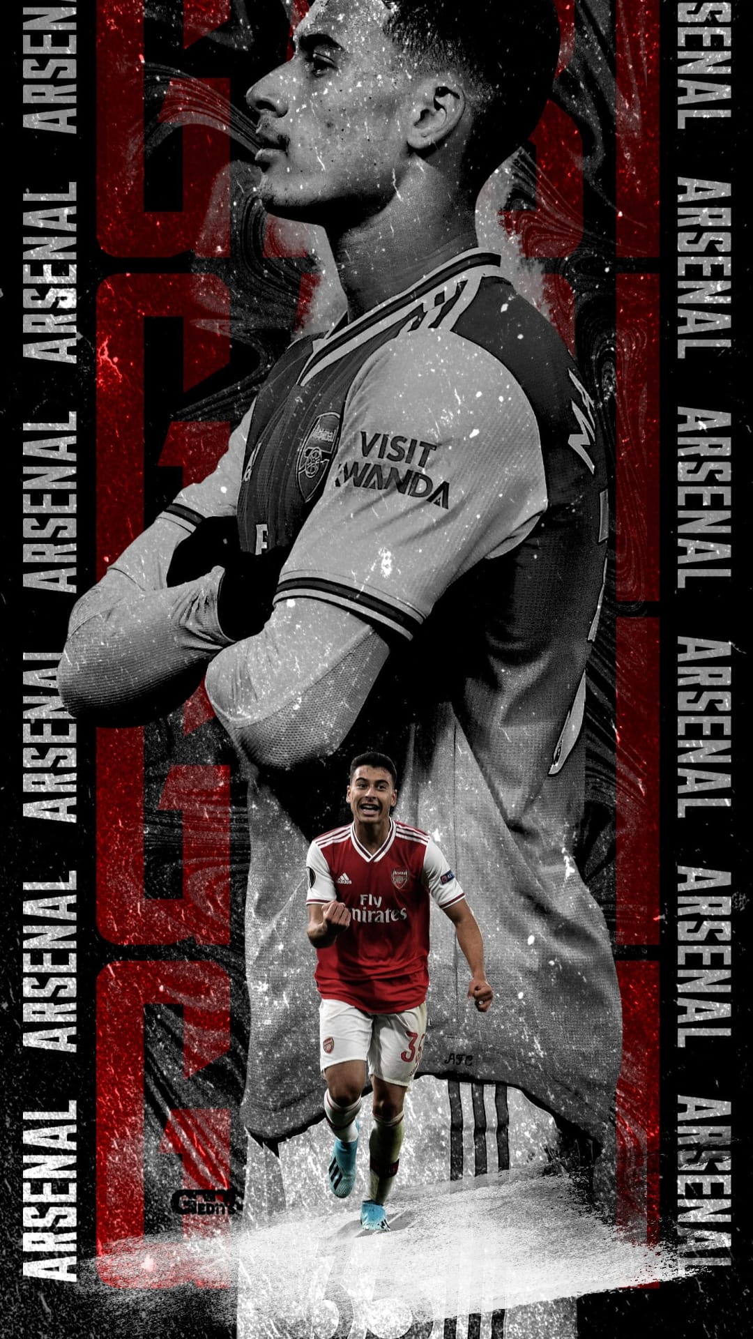 Arsenal football player in an action pose centered between repeating vertical text on a monochrome background.