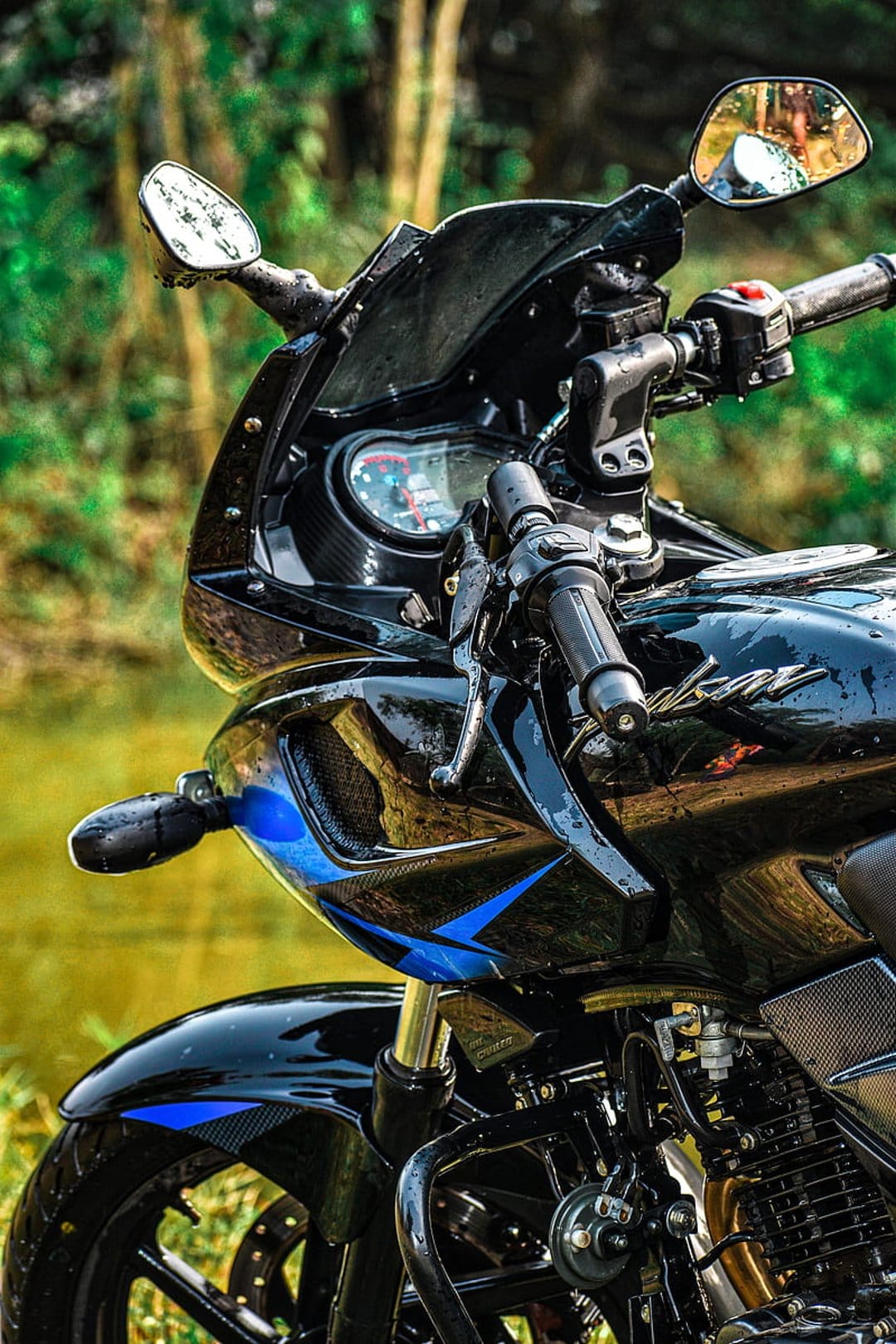 Black Pulsar 220F motorcycle with blue accents on the fairing and fender against a blurred nature background.