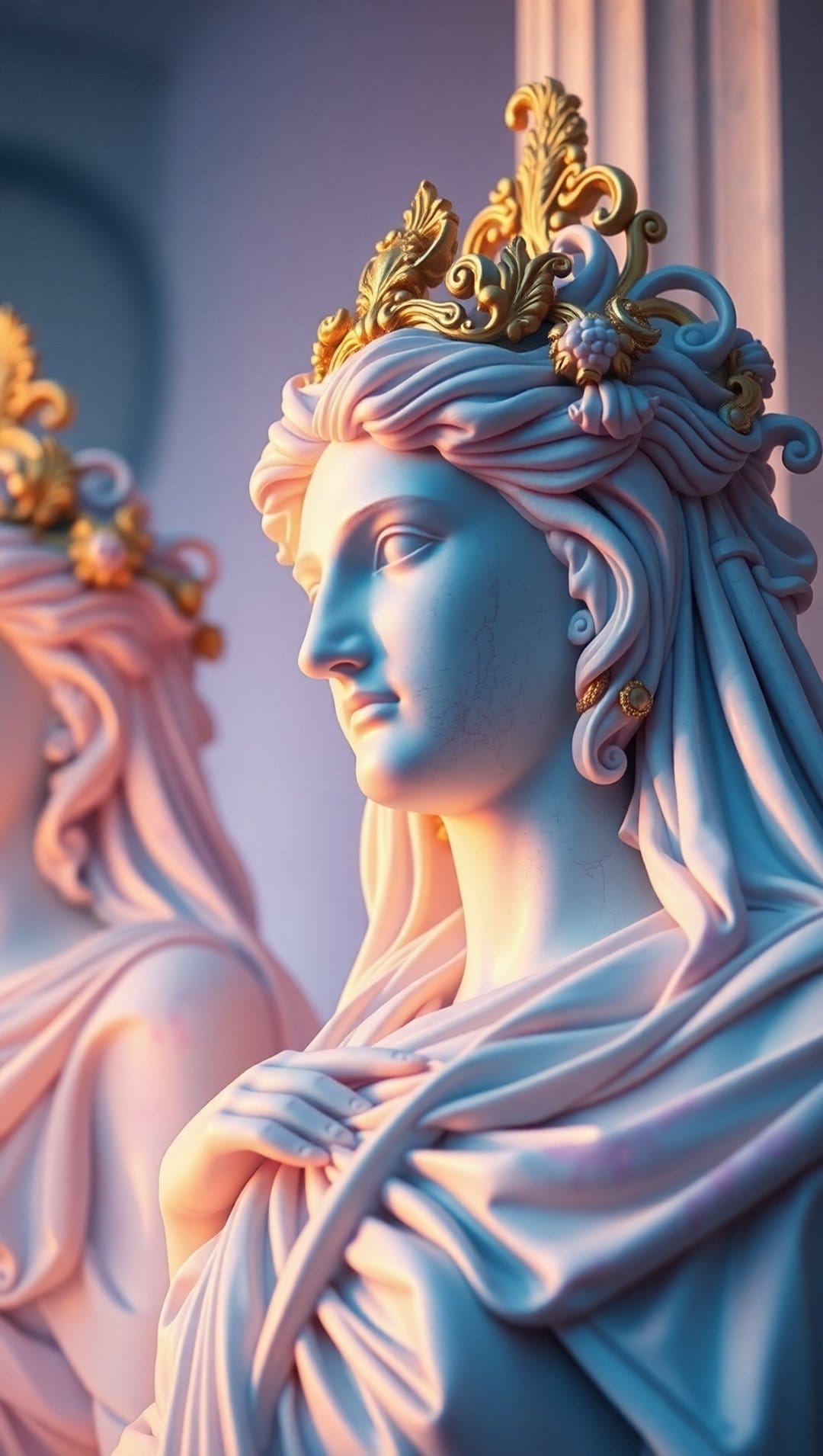 Marble goddess statue wearing a detailed golden crown against a soft background with an atmospheric reflection.
