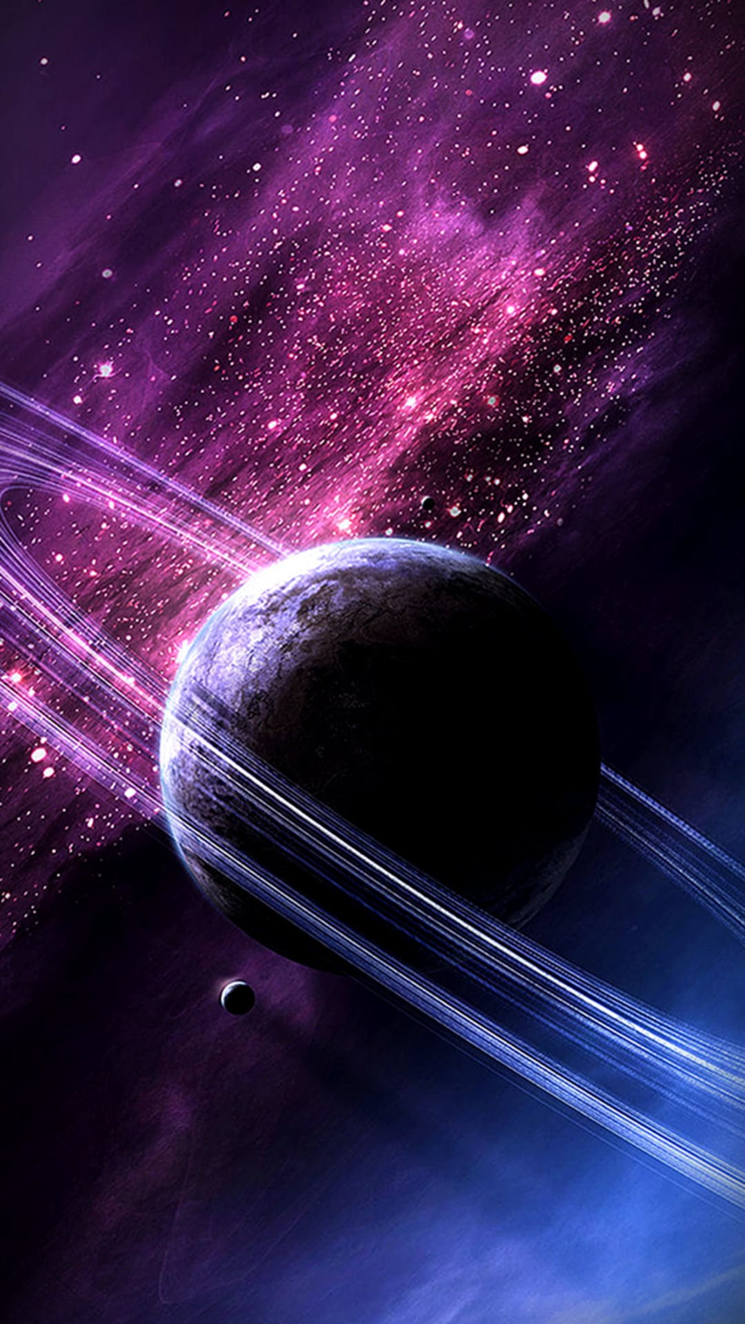 Ringed planet with a textured surface floating amidst a glowing purple and pink nebula and distant stars.