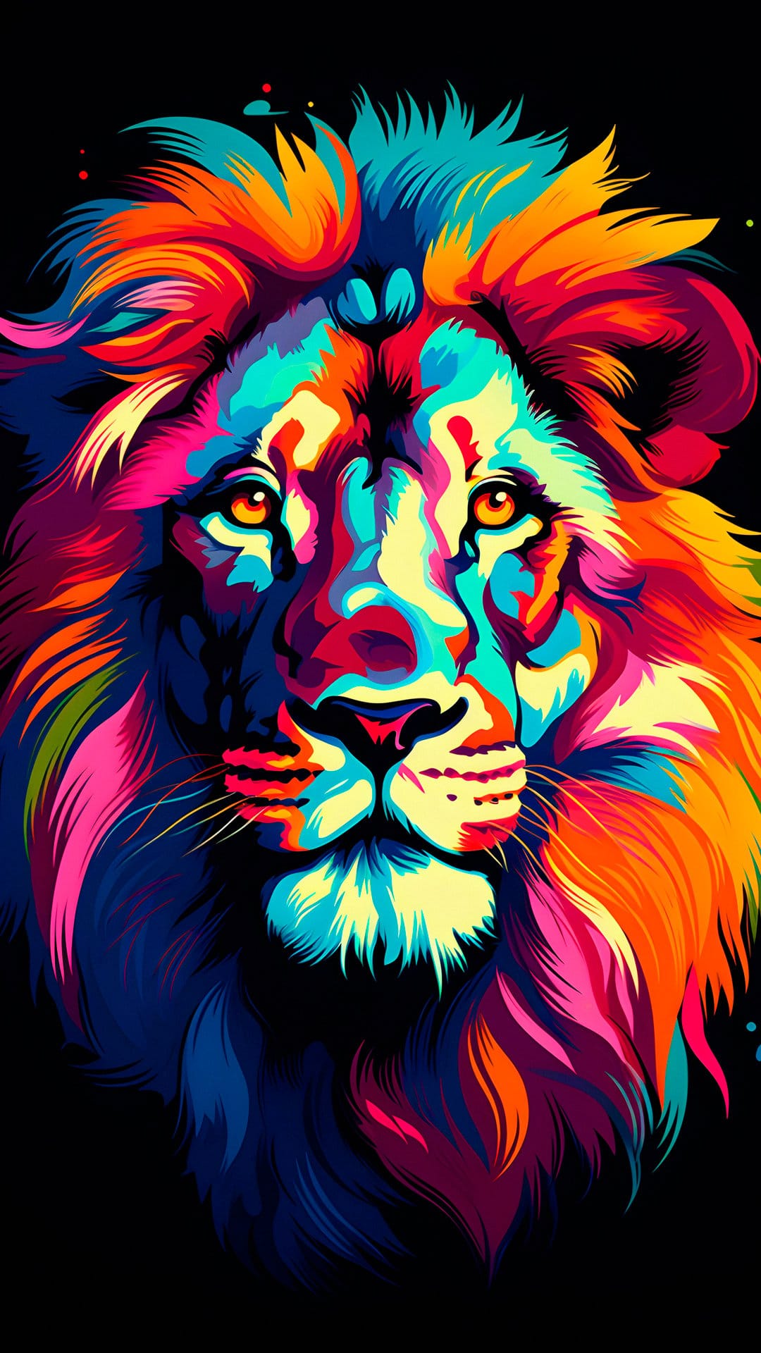 Lion with a multicolored neon mane and piercing yellow eyes stares forward against a solid black background.