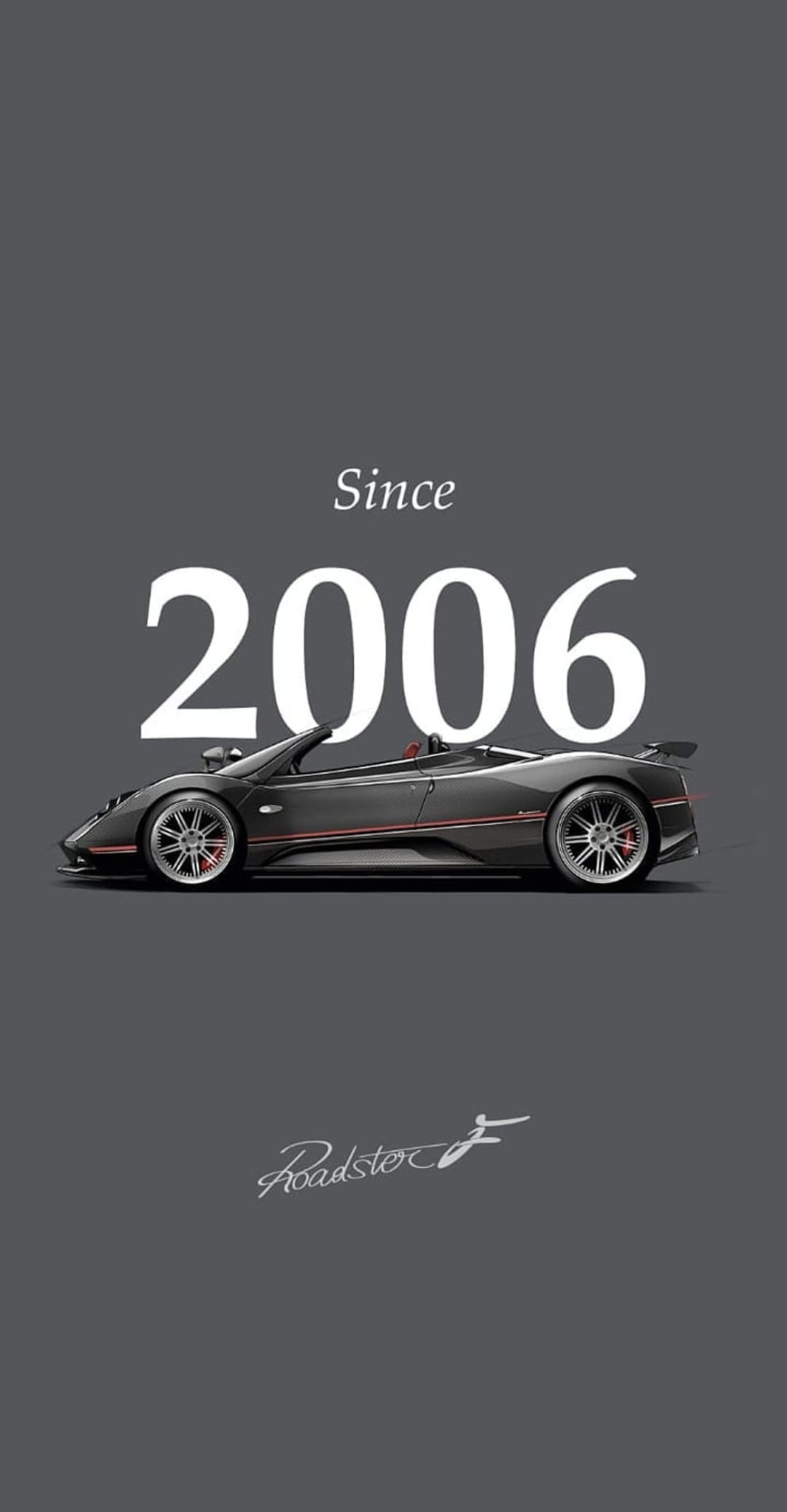 Pagani Zonda Roadster F supercar in side profile against charcoal grey with large white Since 2006 text overlay.