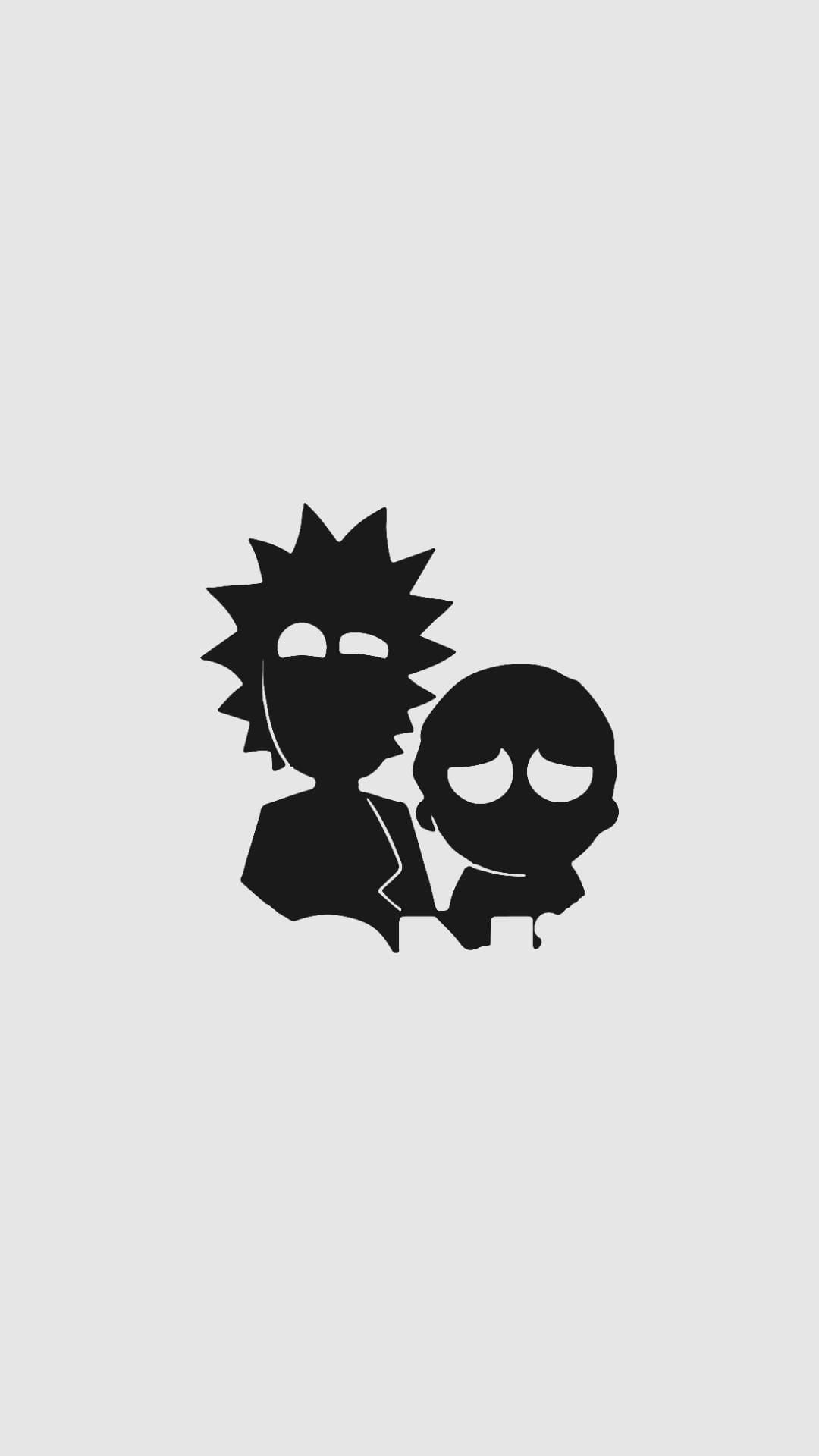 Rick Sanchez and Morty Smith stand as solid black silhouettes against a minimalist light grey background.