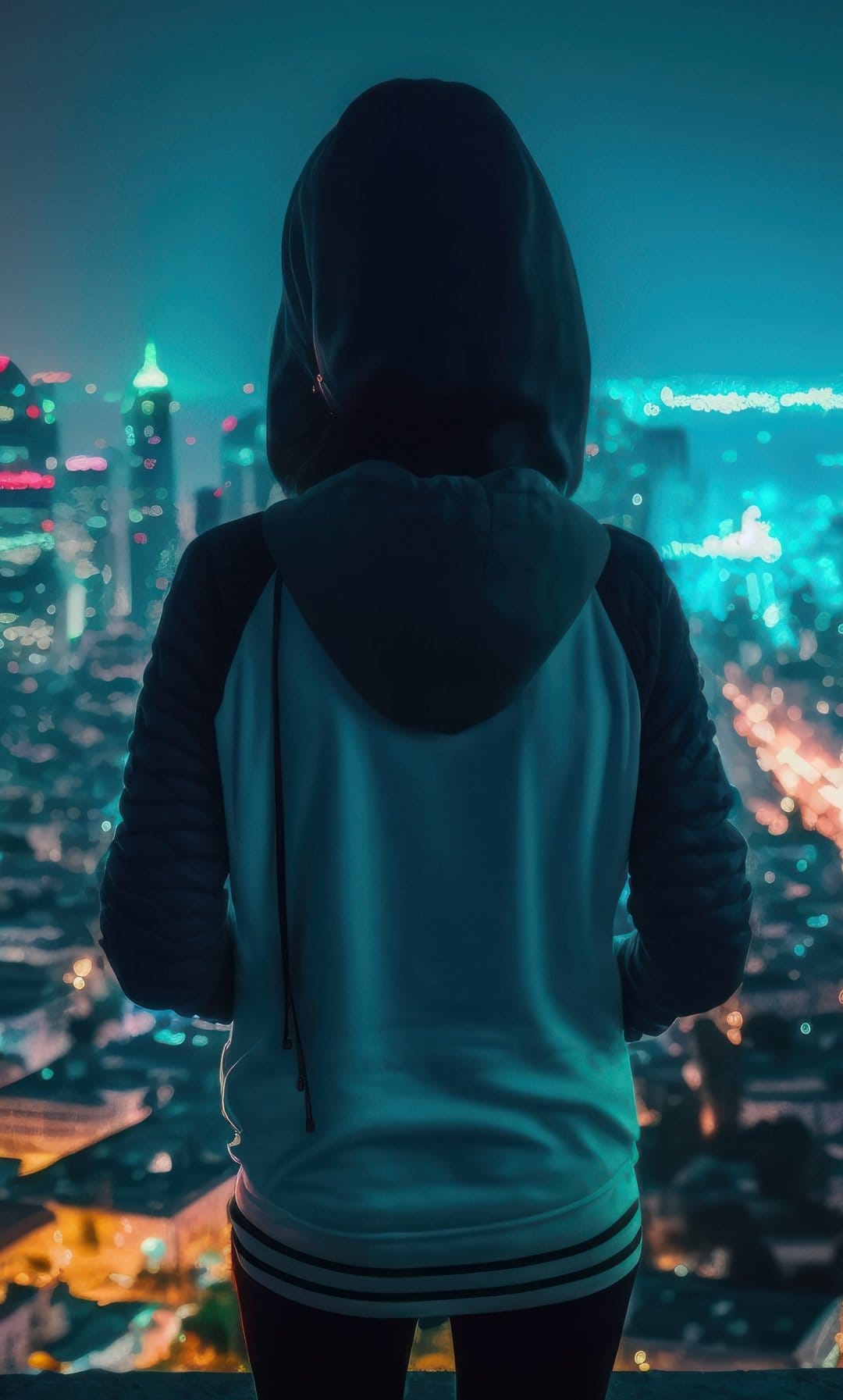 Hooded person stands with their back turned overlooking a vibrant city filled with glowing neon lights at night.