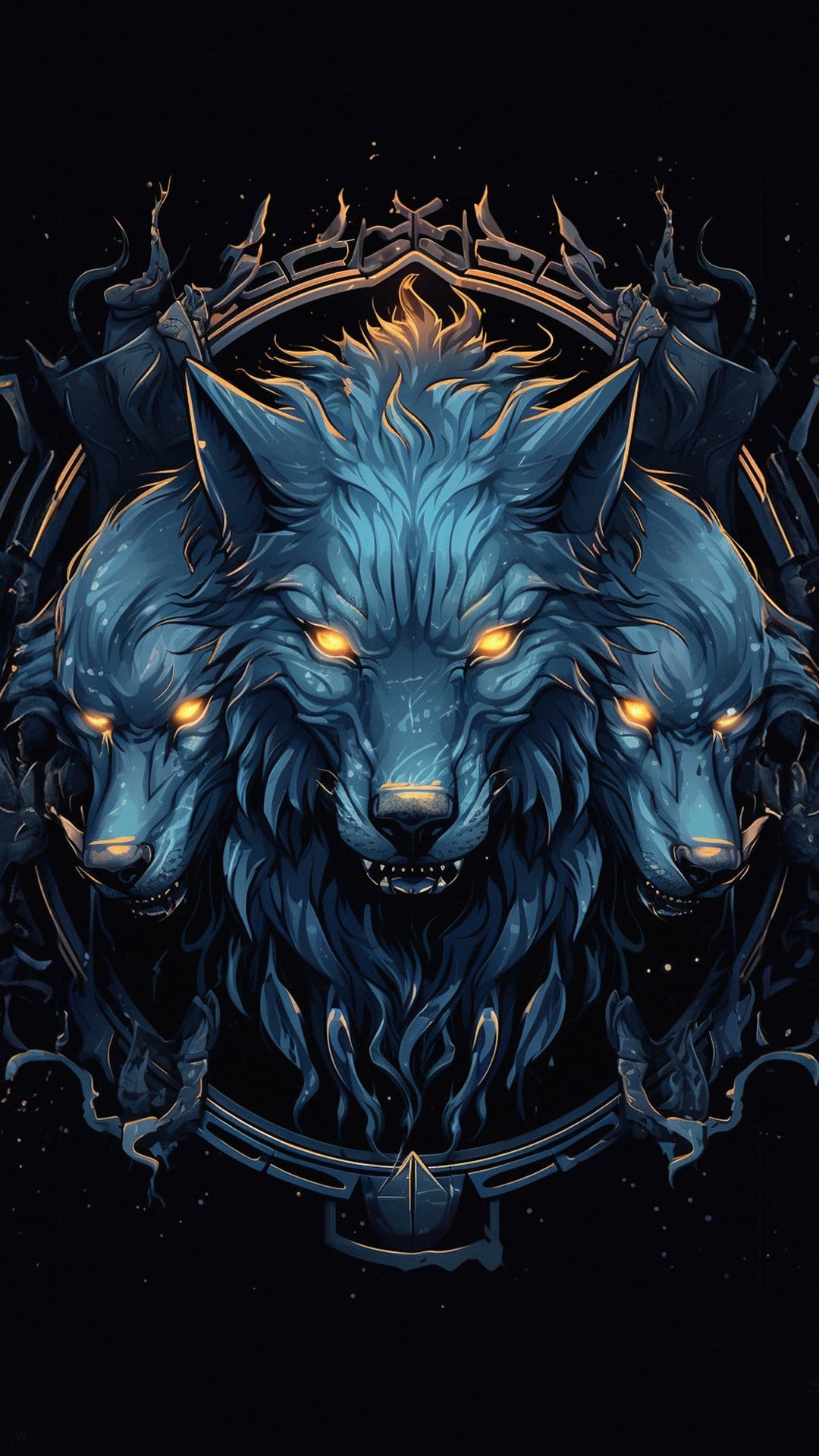 Three-headed blue wolf with glowing orange eyes and a fiery mane encased in a dark metallic frame.