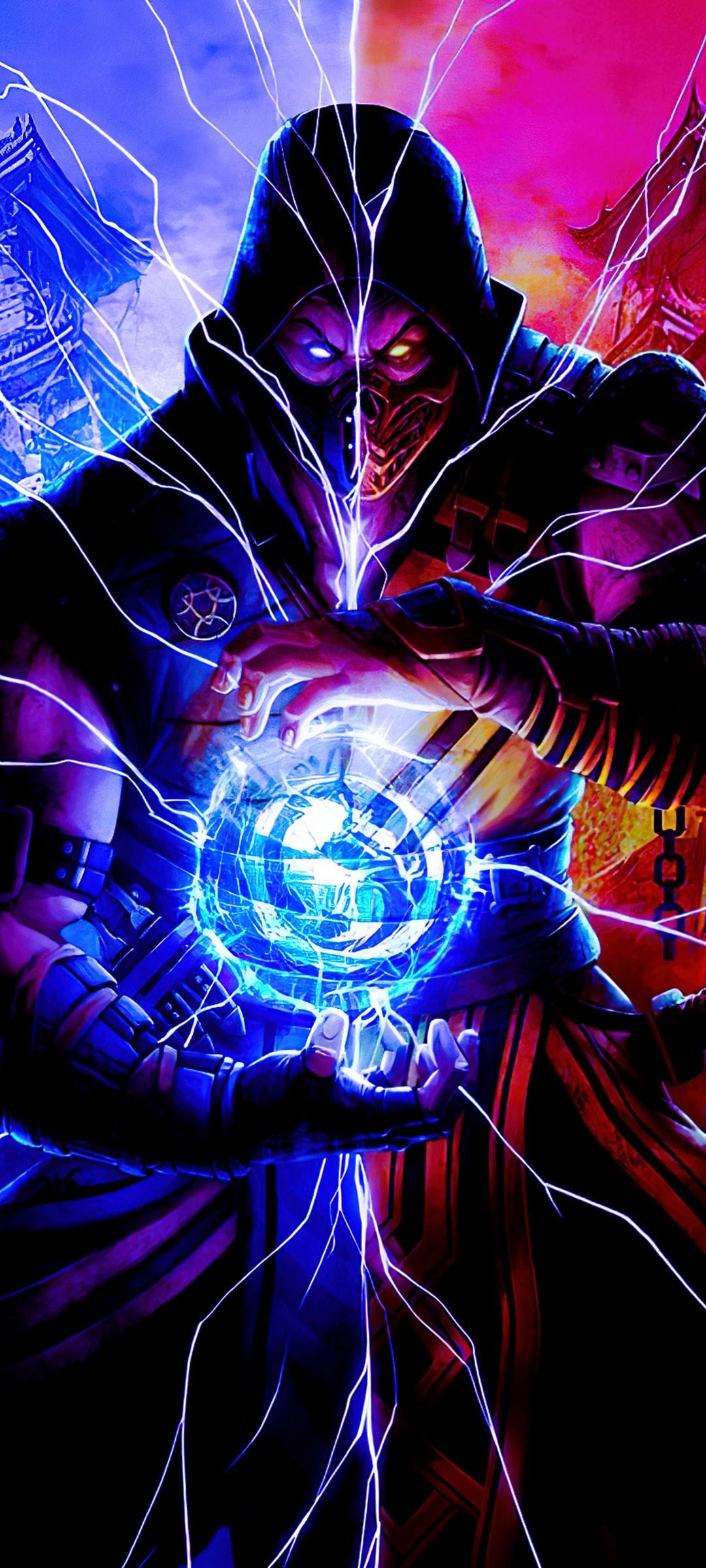 Scorpion from Mortal Kombat conjures a blue energy orb with lightning against a red and blue backdrop.