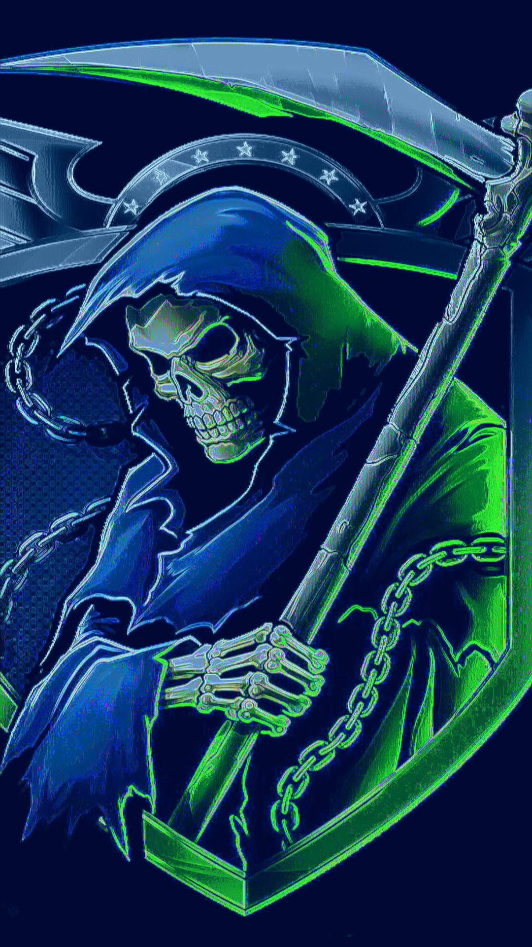 Grim reaper with a glowing green scythe, skeletal face, and metallic chains against a dark blue starry sky.