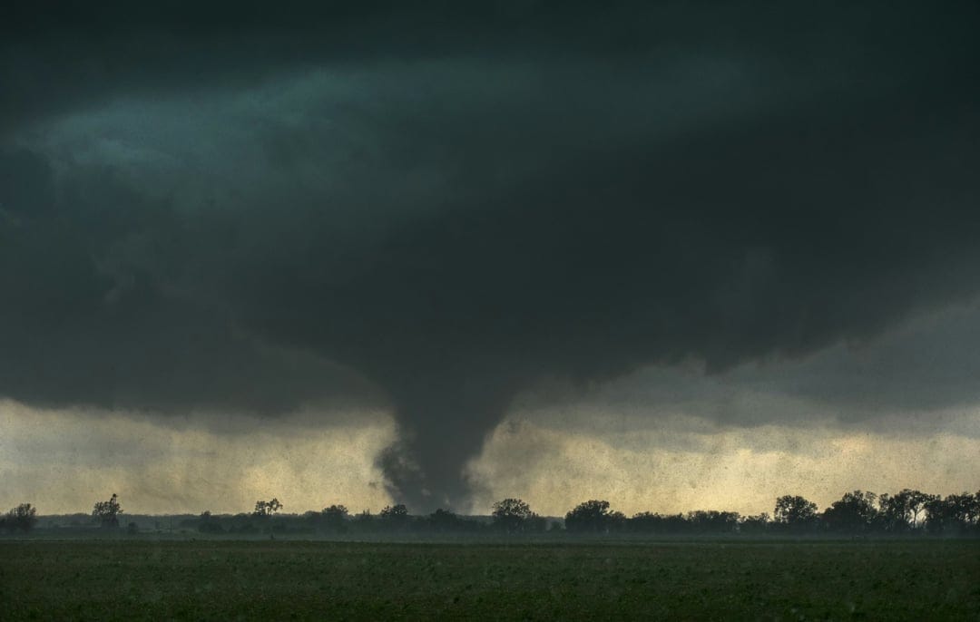 Massive dark tornado funnel touching down in a green field under a heavy storm sky with silhouetted trees.