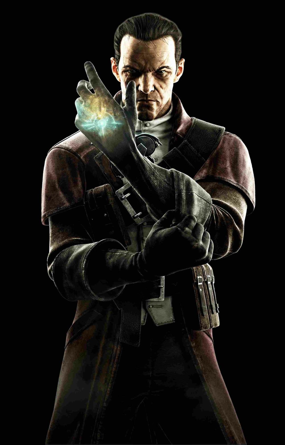 Assassin Daud from Dishonored adjusting a glove with a glowing teal mark on his hand against a black background.