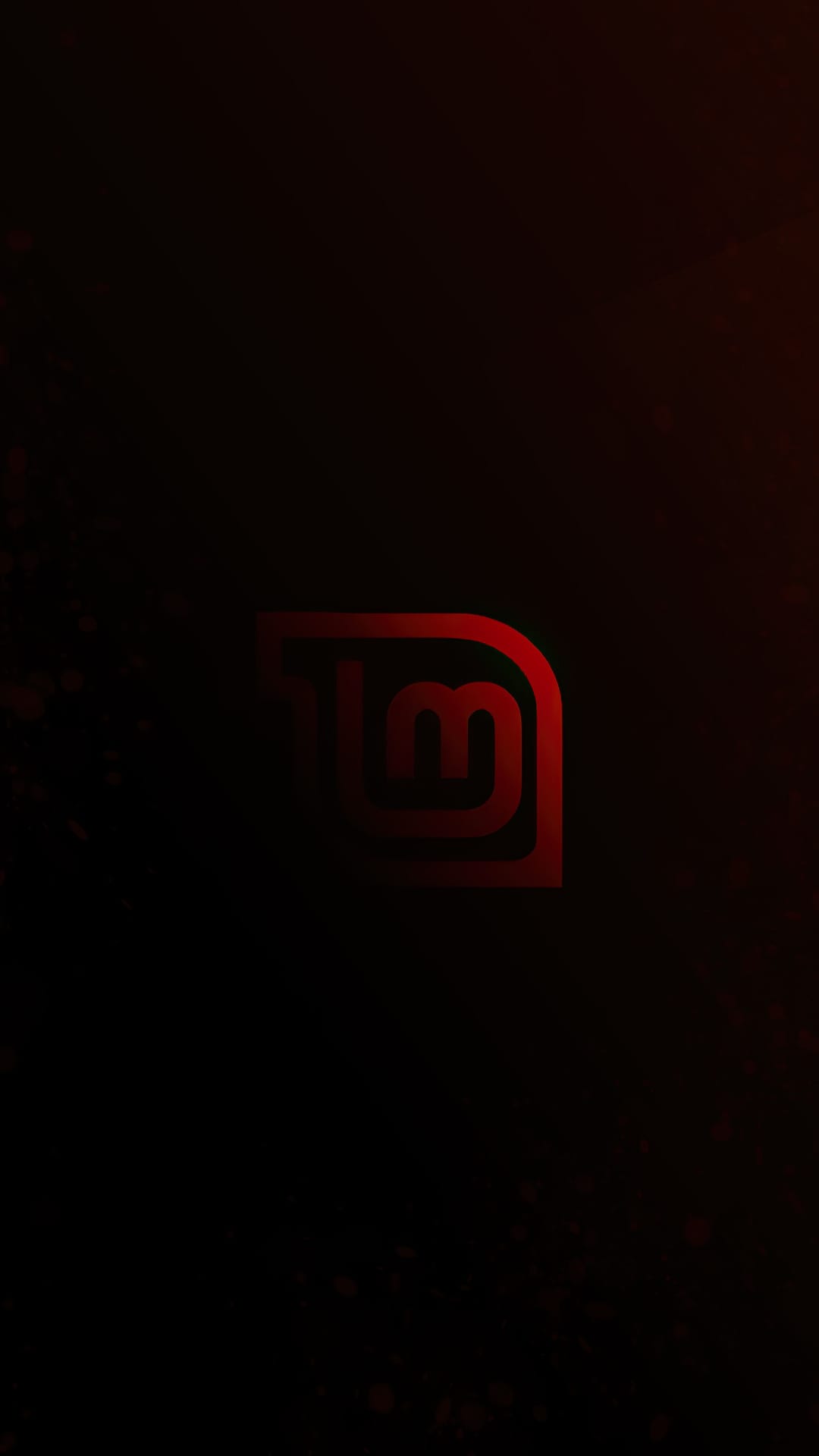 Linux Mint logo with a red gradient glow centered on a black background with faint floating crimson particles.