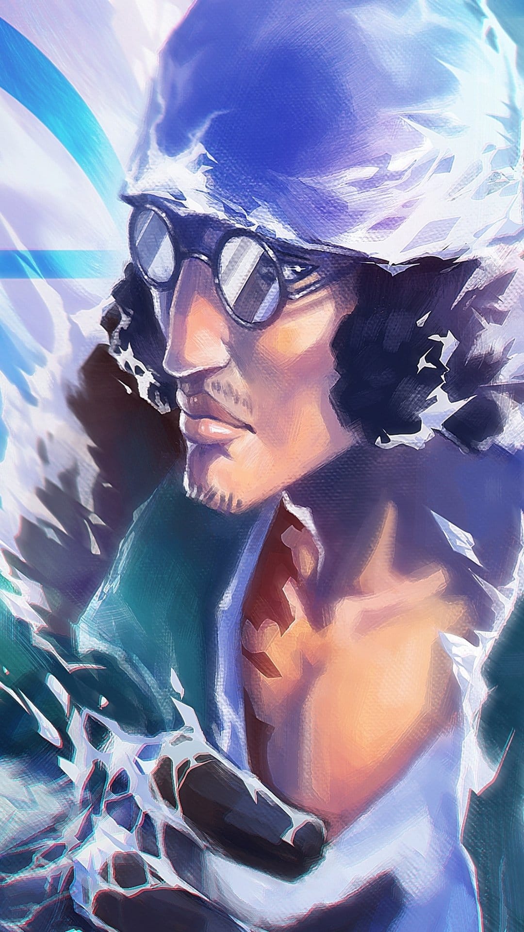 Aokiji Kuzan wears a blue headscarf and round glasses while frost particles drift around his determined face.