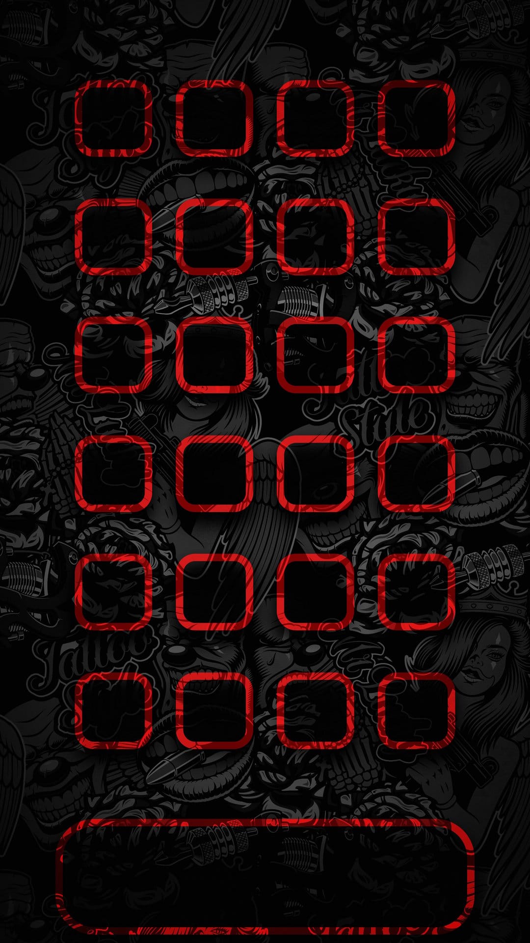 Skeletal tattoo heads in grey and black ink surrounded by thin red square frames for mobile app placement.