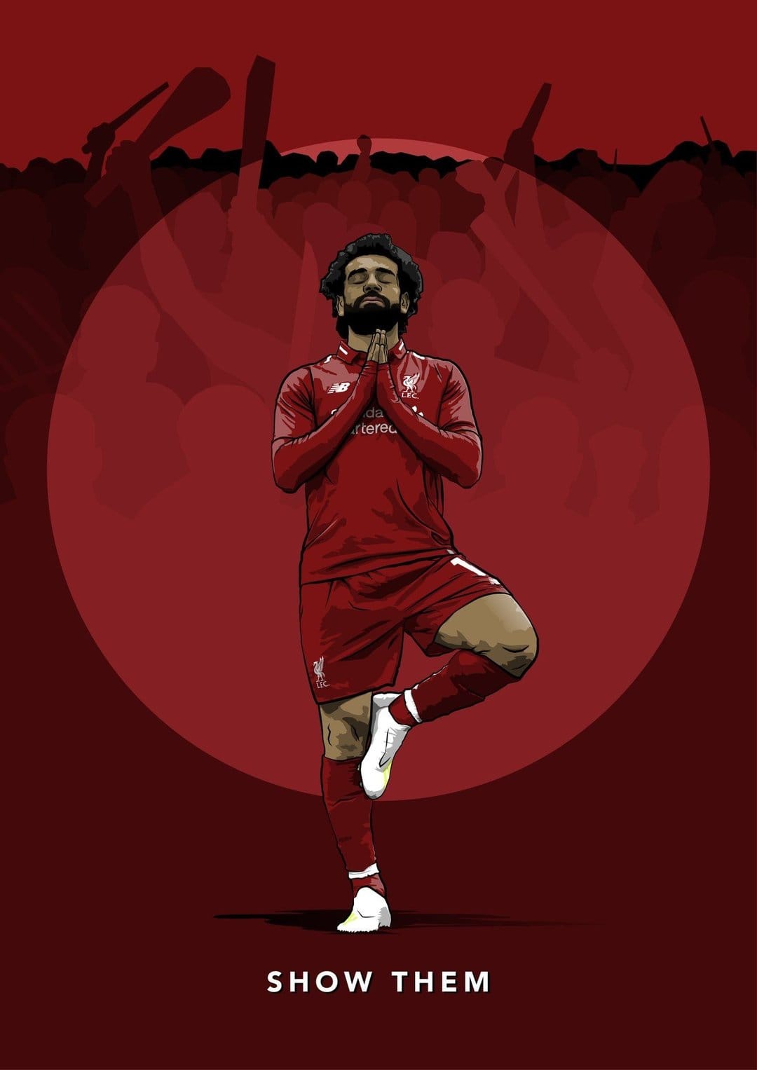 Soccer player in a red jersey performs a yoga tree pose against a dark red background with fan silhouettes.