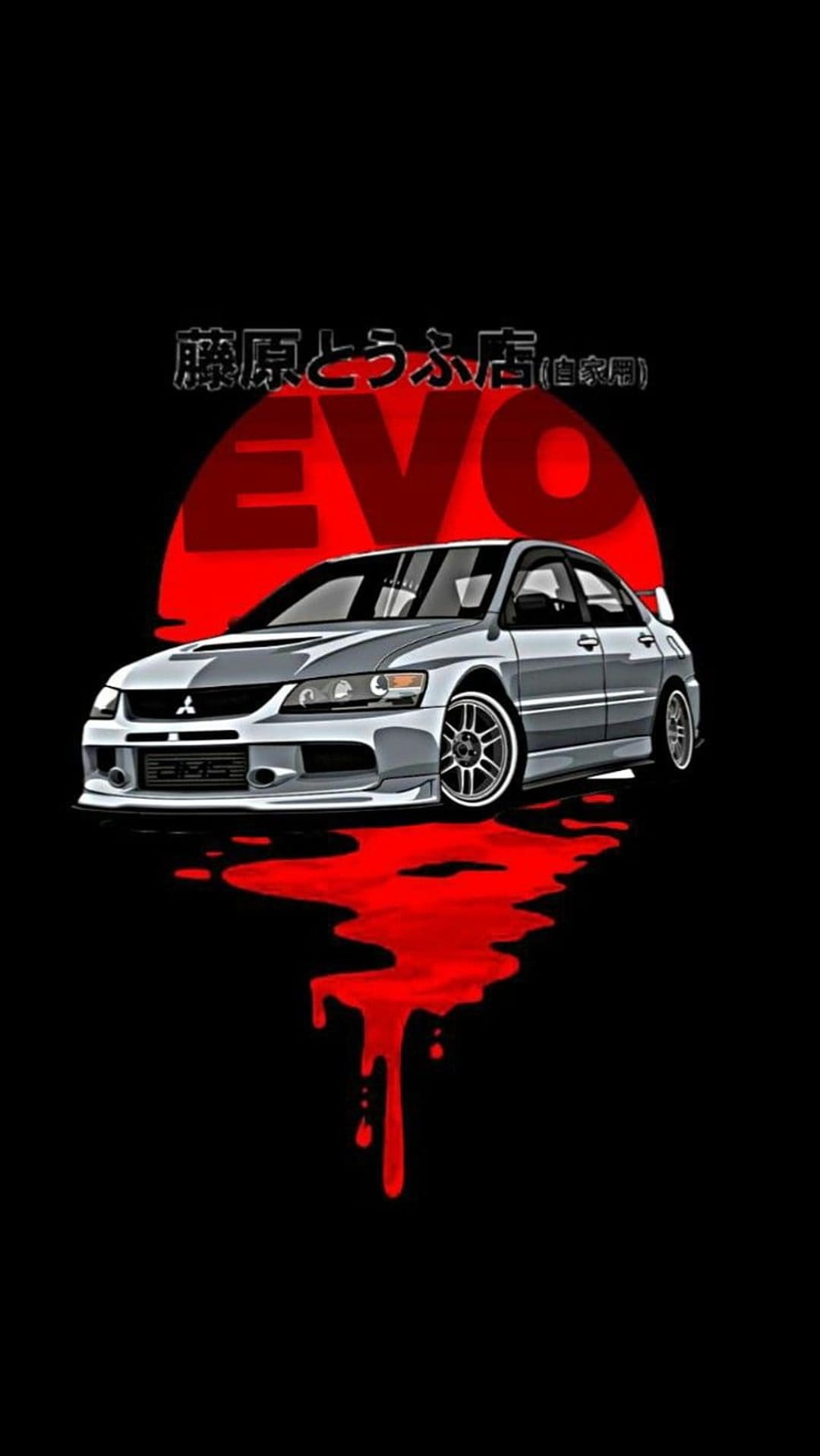 Mitsubishi Lancer Evolution with silver paint, red abstract splashes, and vertical Japanese text on the side.